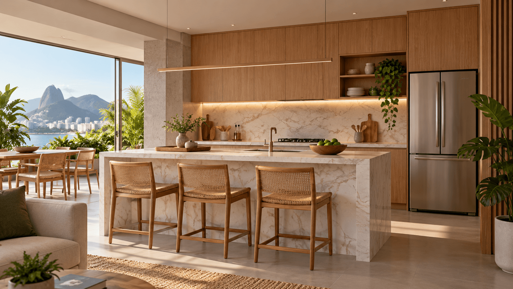 Cozinha residencial ilustrativa com materiais naturais e luz do dia