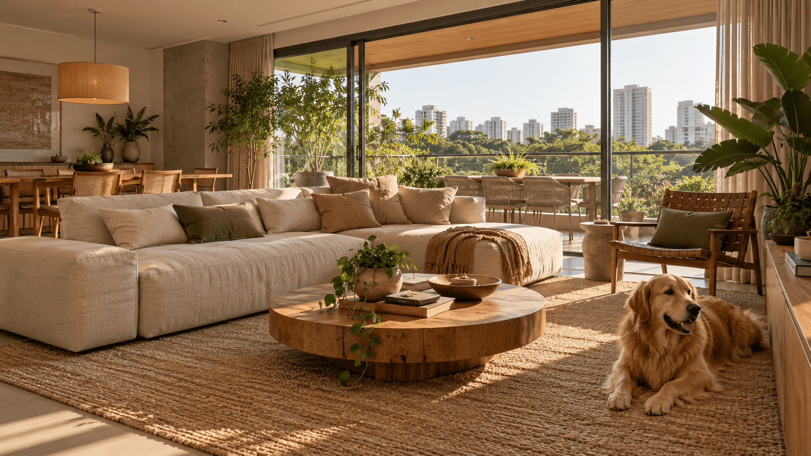 Ambiente residencial ilustrativo com sala de estar acolhedora e iluminação natural
