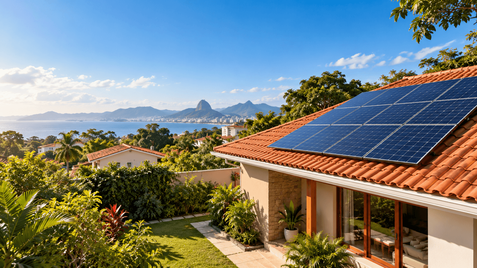 Ilustração de residência com painéis solares no telhado