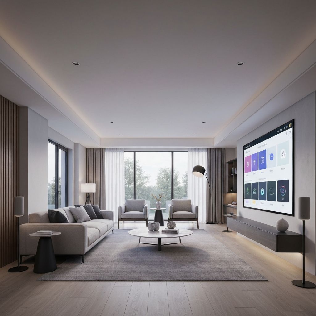 Sala de estar moderna com automação inteligente